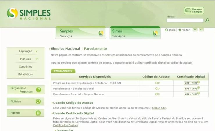 Tela de programas de parcelamento de dívidas no site do Simples Nacional (Foto: Divulgação/Receita Federal)