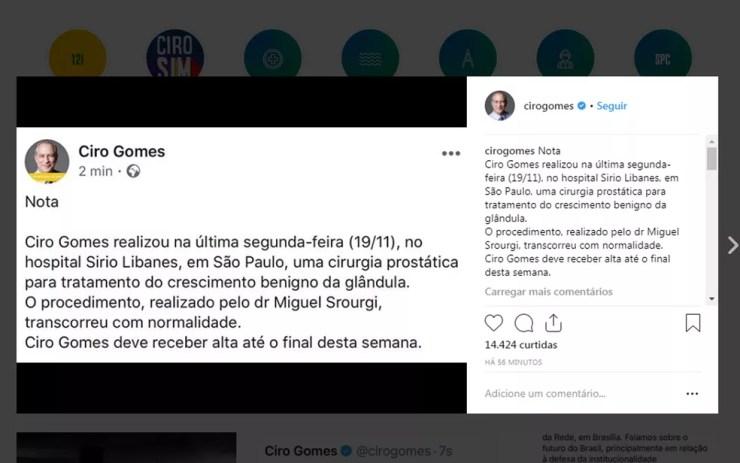 Ciro Gomes divulgou nota sobre sua cirugia — Foto: Instagram/Ciro Gomes