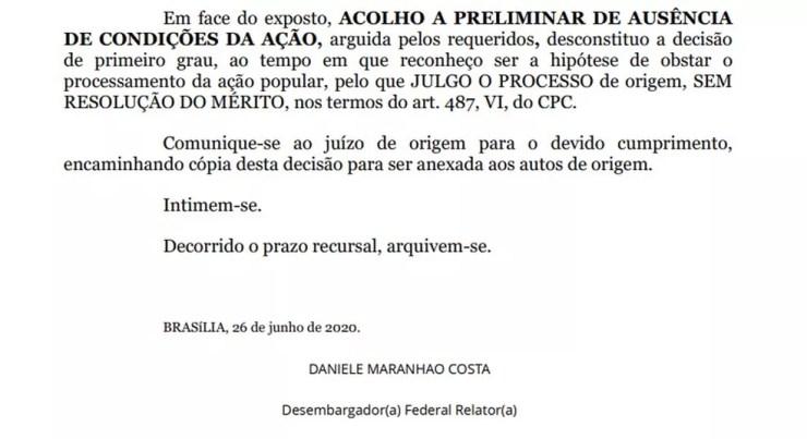 Trecho de decisão que derruba liminar que obrigava Bolsonaro a usar máscara no DF — Foto: Reprodução