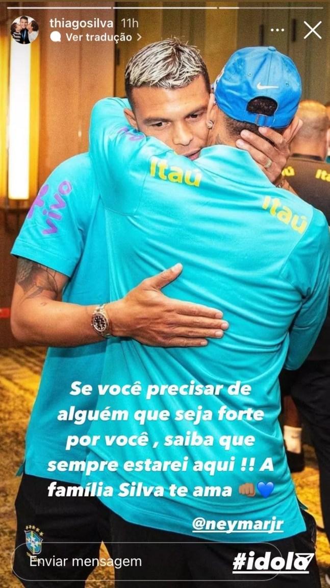Thiago Silva abraça Neymar em mensagem nas redes sociais — Foto: Reprodução