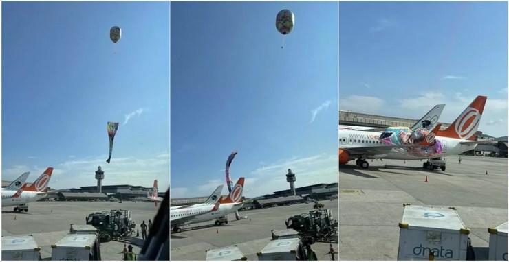 Sequência de fotos mostra balão caindo sobre aeronave no Aeroporto de Cumbica na manhã deste domingo (20) — Foto: Arquivo Pessoal
