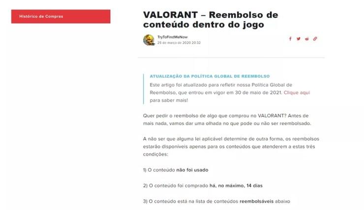 Site do suporte do Valorant sobre Reembolso — Foto: Reprodução/Valorant