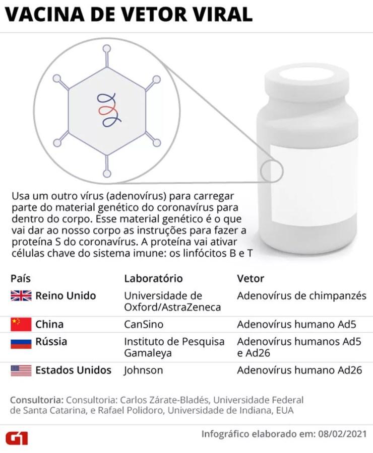 Infográfico mostra como funcionam vacinas de vetor viral contra o coronavírus — Foto: Anderson Cattai/G1