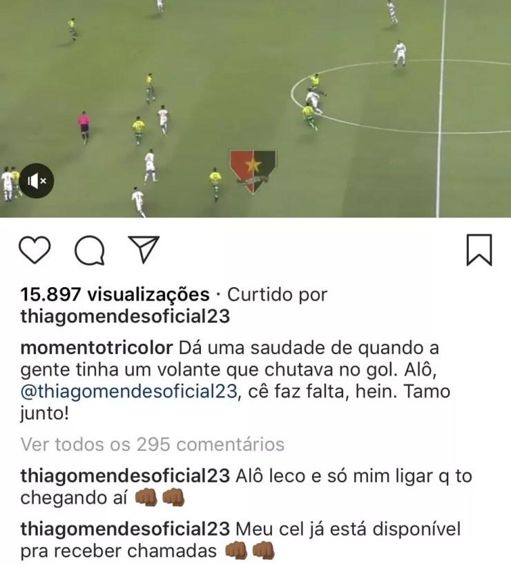 Em rede social, Thiago Mendes diz estar disponível para voltar ao São Paulo e manda recado ao presidente — Foto: Reprodução