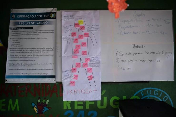 Lição sobre sexualidade entre avisos aos abrigados em um espaço da Operação Acolhida em Boa Vista — Foto: Fábio Tito/g1