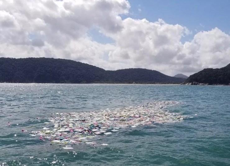 Carga armazenada em contêineres se espalhou no mar (Foto: G1 Santos)