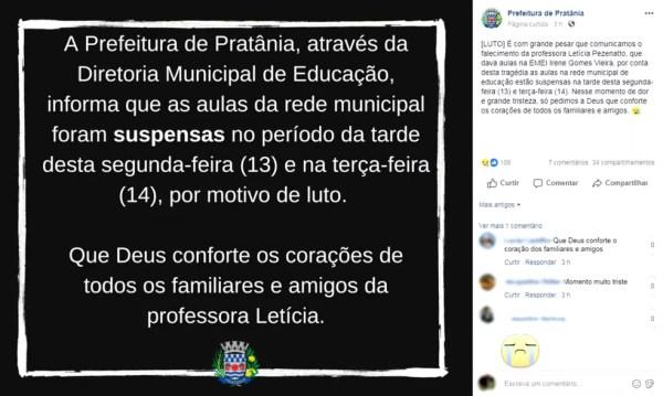 Prefeitura de Pratânia decretou luto oficial por três dias e suspendeu aulas na rede municipal por dois dias: "Dor e grande tristeza" (Foto: Facebook/Reprodução)