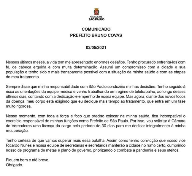 Carta do prefeito Bruno Covas comunicando o pedido de licença por 30 dias. — Foto: Reprodução
