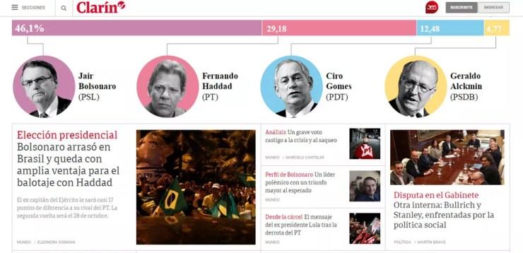 Primeira página do site do jornal 'El Clarín', da Argentina, destaca resultado das eleições no Brasil — Foto: Reprodução/El Clarín