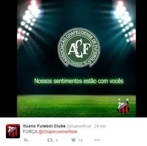 Ituano FC também lamentou nas redes sociais o acidente envolvendo avião do time catarinense (Foto: Reprodução/Twitter)