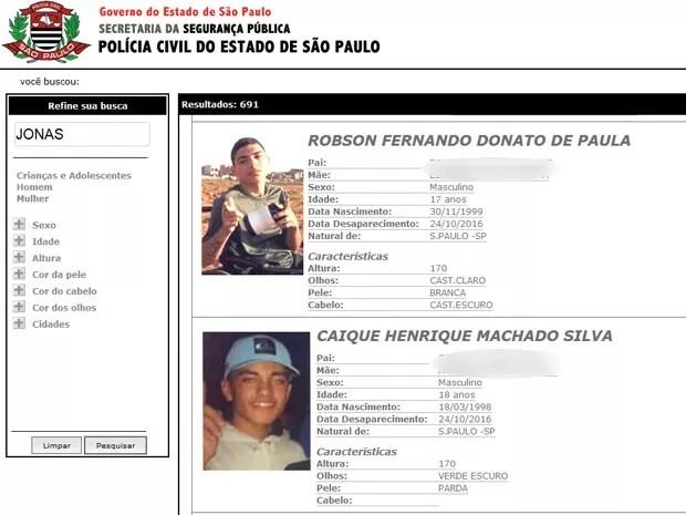 Quatro dos cinco rapazes que sumiram tiveram suas fotos e dados divulgados no site de pessoas desaparecidas da Polícia Civil de São Paulo (Foto: Reprodução/Polícia Civil)