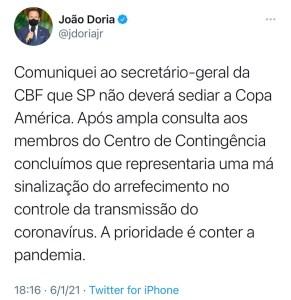 Doria decide vetar jogos da Copa América no estado de São Paulo