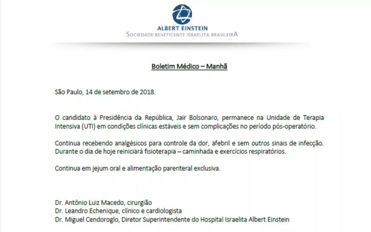 Boletim médico de Jair Bolsonaro divulgado na manhã desta sexta-feira (14) — Foto: Reprodução