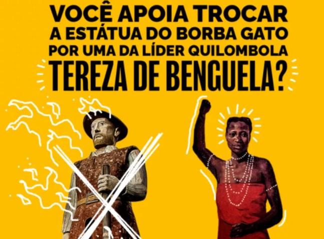 Vereadora propõe trocar estátua do bandeirante Borba Gato por uma da líder quilombola Tereza de Benguela — Foto: Reprodução