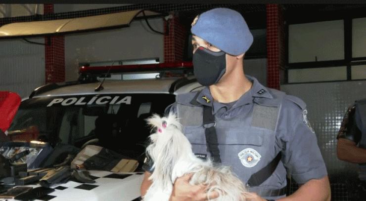 Segundo a PM, casal usou cachorro para despistar agentes e tentar esconder bolsa com arma, munição, dinheiro, joias e celulares em São Paulo — Foto: Reprodução/TV Globo
