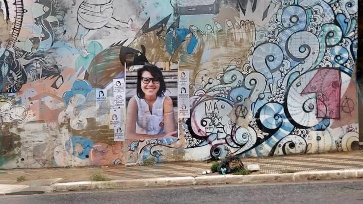 Cicloativistas homenagearam Marina Harkot com foto e cartazes em alusão a ela na Avenida Paulo VI — Foto: Rodrigo Rodrigues/G1