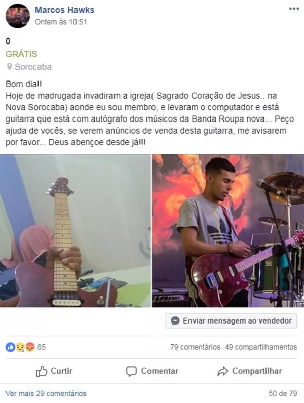 Guitarra foi furtada em igreja de Sorocaba (SP) (Foto: Facebook/Reprodução)
