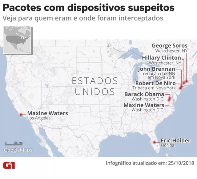 Mapa mostra para onde foram enviados pacotes suspeitos — Foto: Juliane Souza/ G1