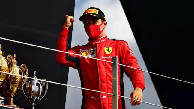 Charles Leclerc no pódio do GP da Inglaterra de 2020 — Foto: Dan Istitene - Formula 1/Formula 1 via Getty Images