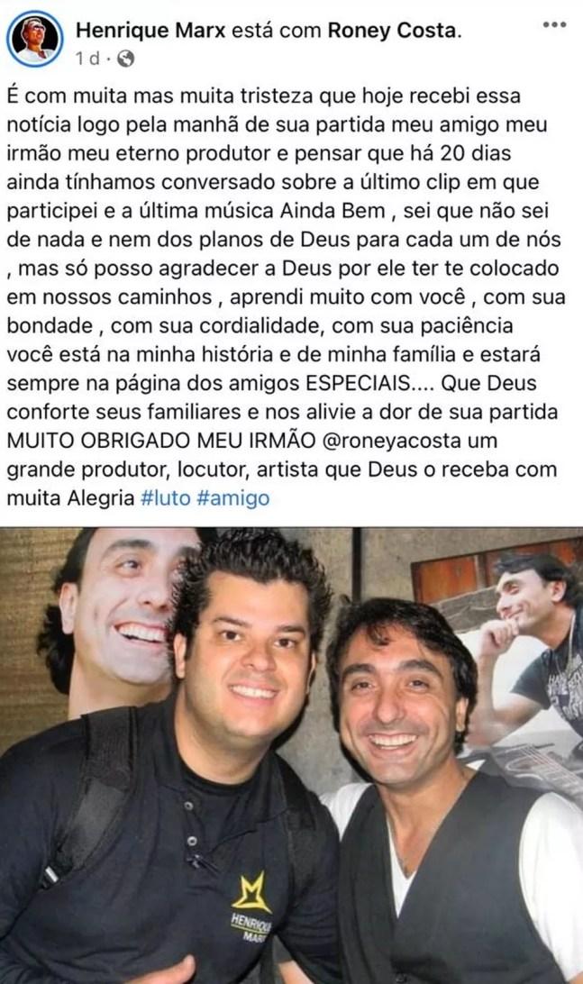 Médico cantor Henrique Marx prestou homenagem nas redes sociais — Foto: Reprodução/Facebook