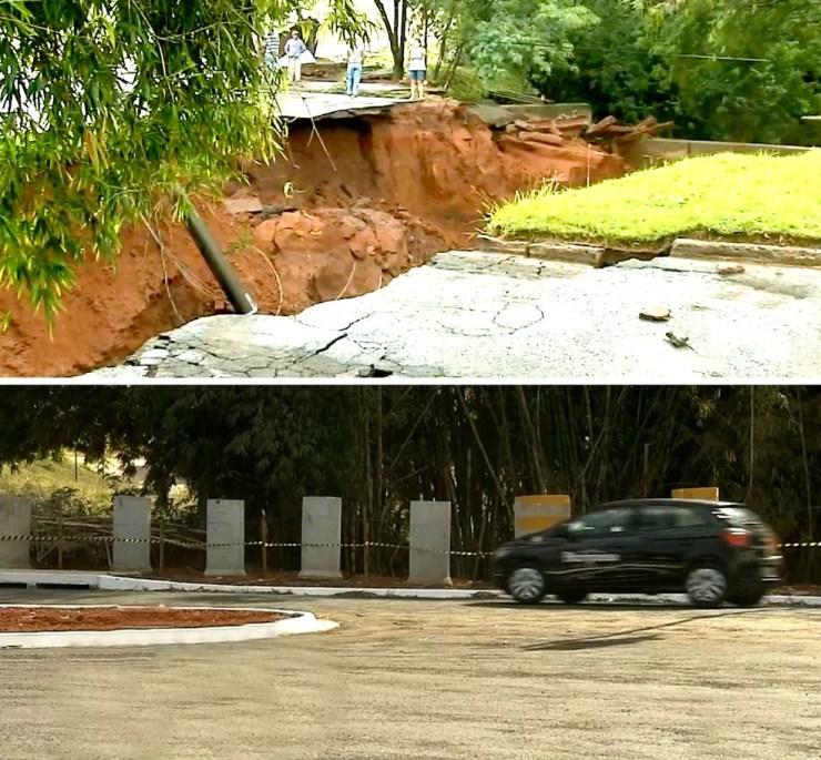 Depois de mais de sete meses, cratera aberta pela chuva (acima) foi fechada e o tráfego na Avenida Otto Ribeiro foi restabelecido (Foto: Reprodução / TV TEM)