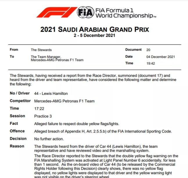Lewis Hamilton foi isento de punição por não respeitar bandeiras amarelas no treino do GP da Arábia Saudita  — Foto: FIA