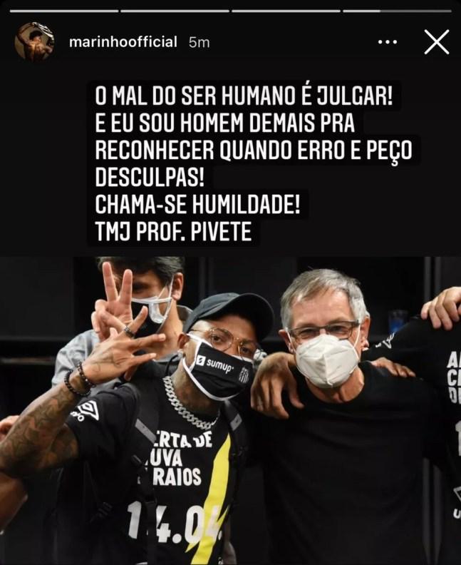 Marinho, do Santos, posta foto abraçado com Holan e pede desculpa ao técnico — Foto: Reprodução/Instagram