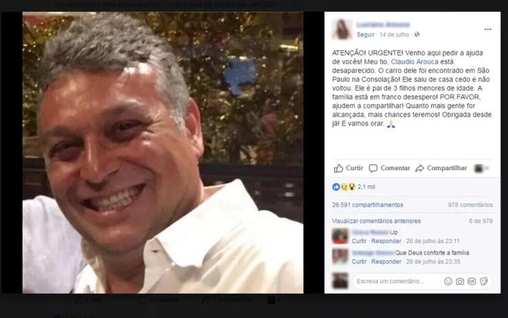Quando Claudio estava desaparecido, parentes fizeram apelo por informações sobre ele no Facebook. (Foto: Reprodução/Facebook)