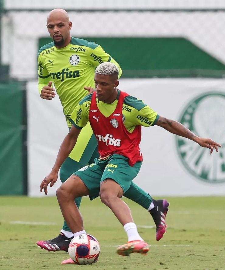 Felipe Melo e Danilo durante treino do Palmeiras na Academia de Futebol — Foto: Cesar Greco