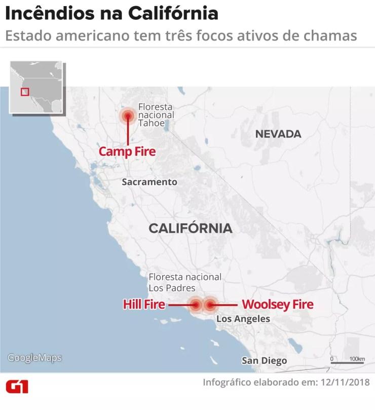 Mapa mostra incêndios ativos na Califórnia — Foto: Juliane Monteiro / G1