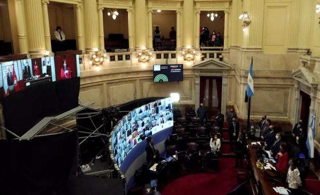 Foto de sessão virtual do Senado da Argentina em 13 de maio — Foto: Agustin Marcarian/Arquivo/Reuters