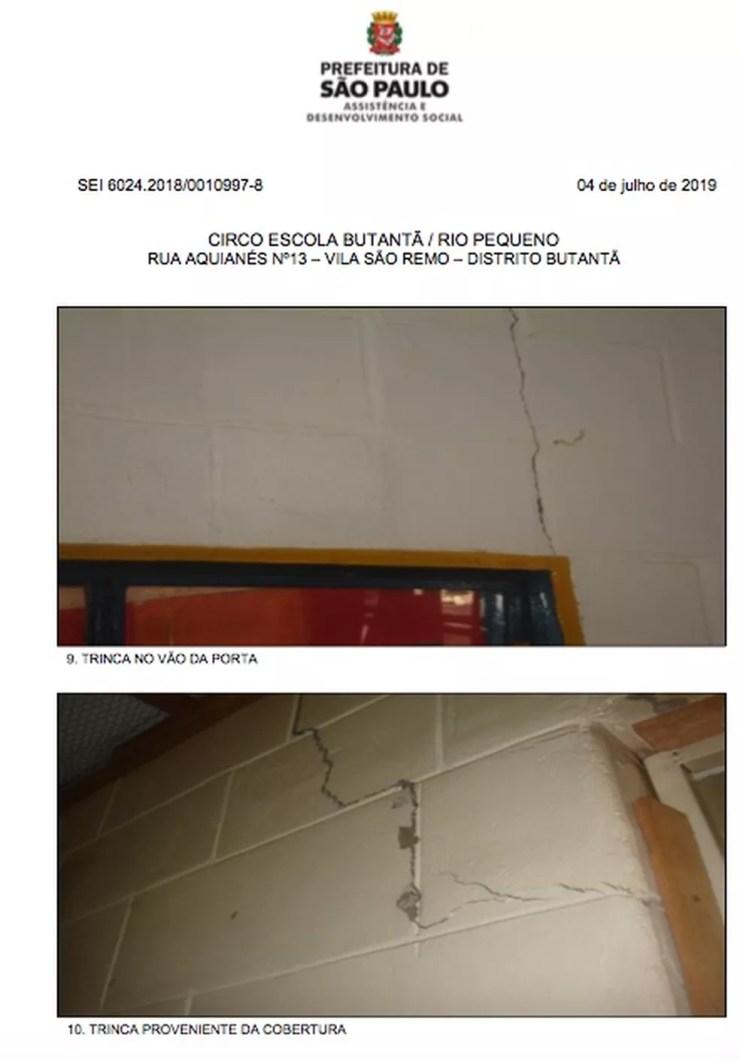 As fotos do laudo mostram as rachaduras no prédio e nas salas de aula do circo escola da favela São Remo.  — Foto: Reprodução