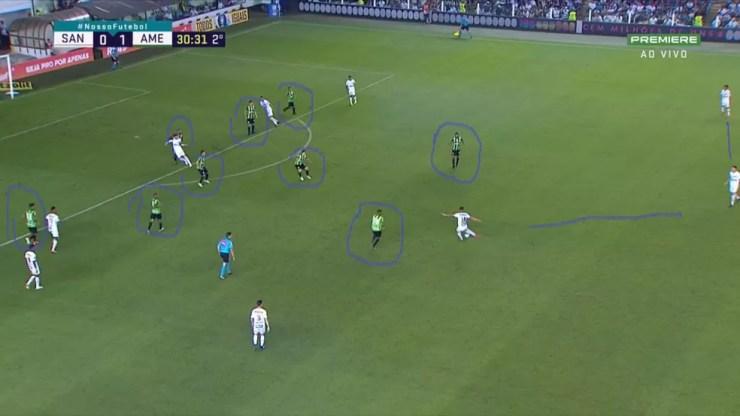 Na imagem, zaga do Santos no meio-campo e Braz arriscando outro chute (Foto: Reprodução/Canal Premiere)