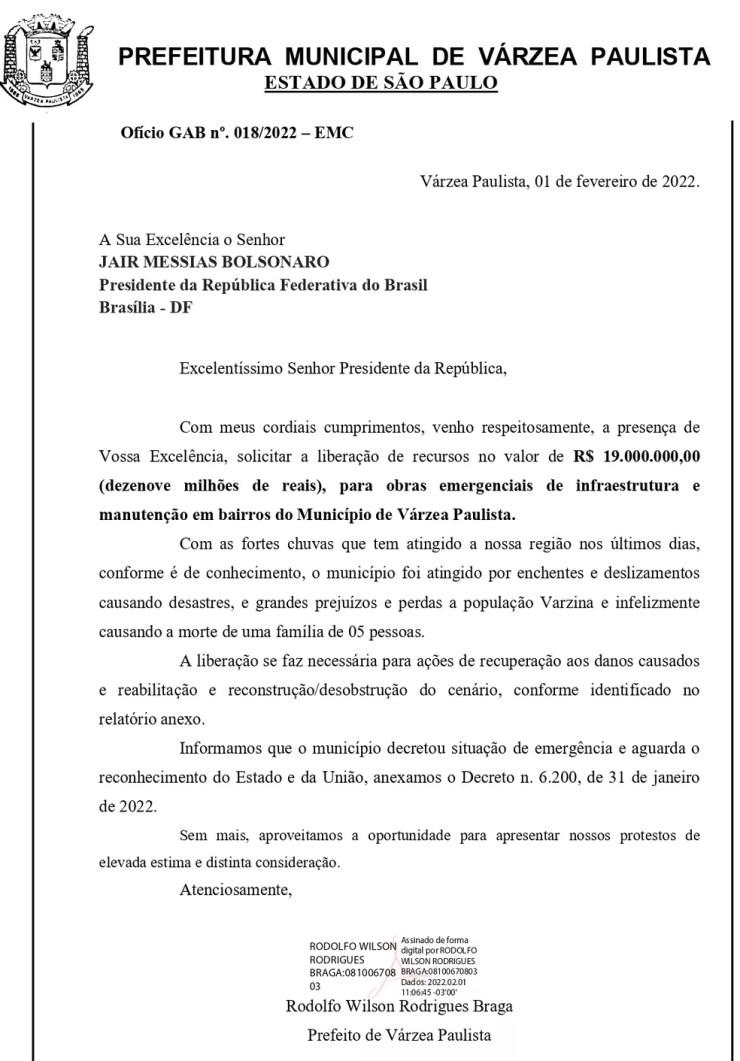 Ofício da Prefeitura de Várzea Paulista solicitando repasse de R$ 19 milhões do governo federal. — Foto: Reprodução