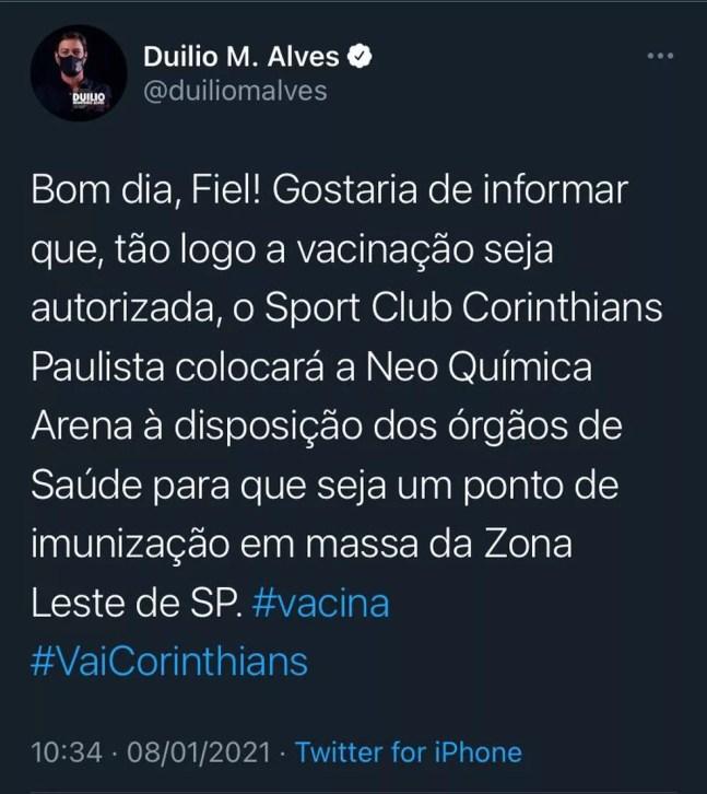 Presidente do Corinthians diz que oferecerá a Arena para ser posto de vacinação — Foto: Reprodução