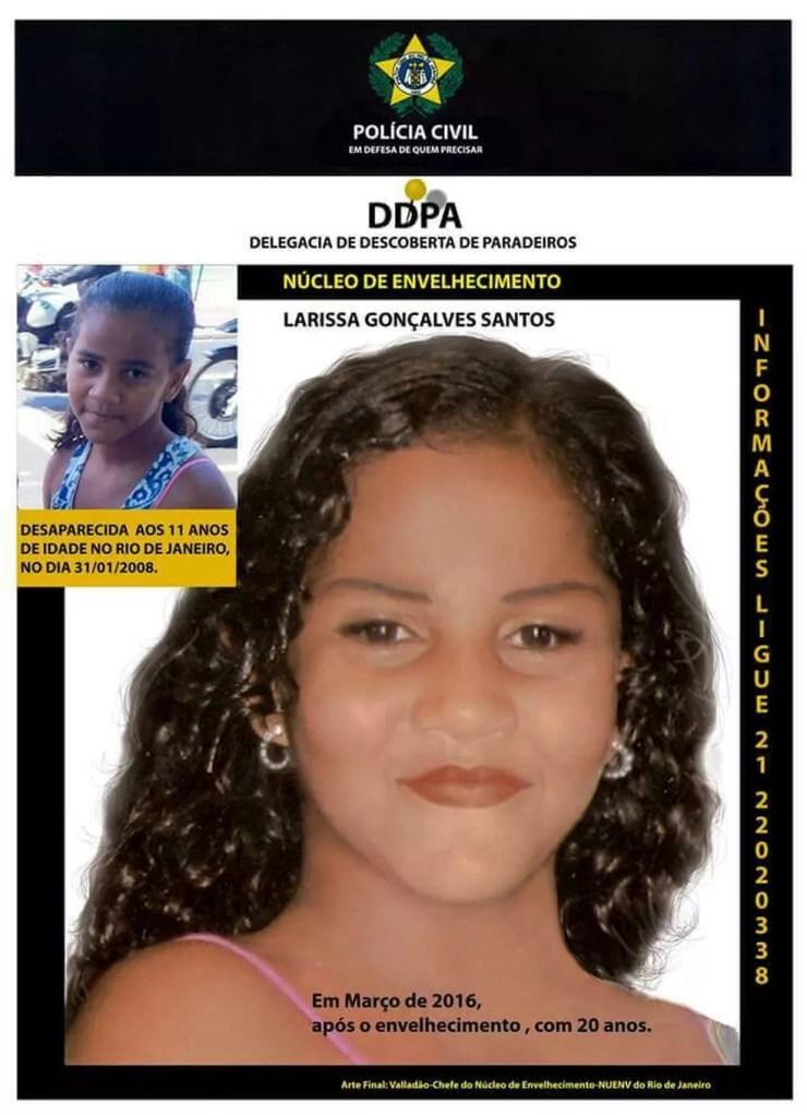 Envelhecimento feito pela DDPA mostra como Larissa estaria em 2016, com 20 anos de idade (Foto: Divulgação/Polícia Civil)