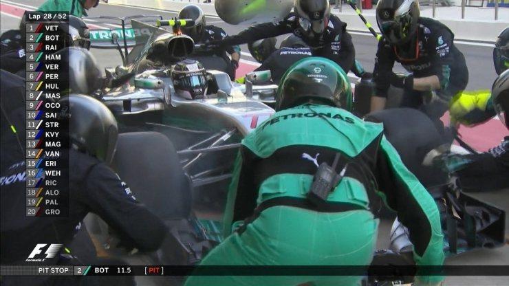 Bottas para nos boxes e volta para a corrida atrás de Hamilton