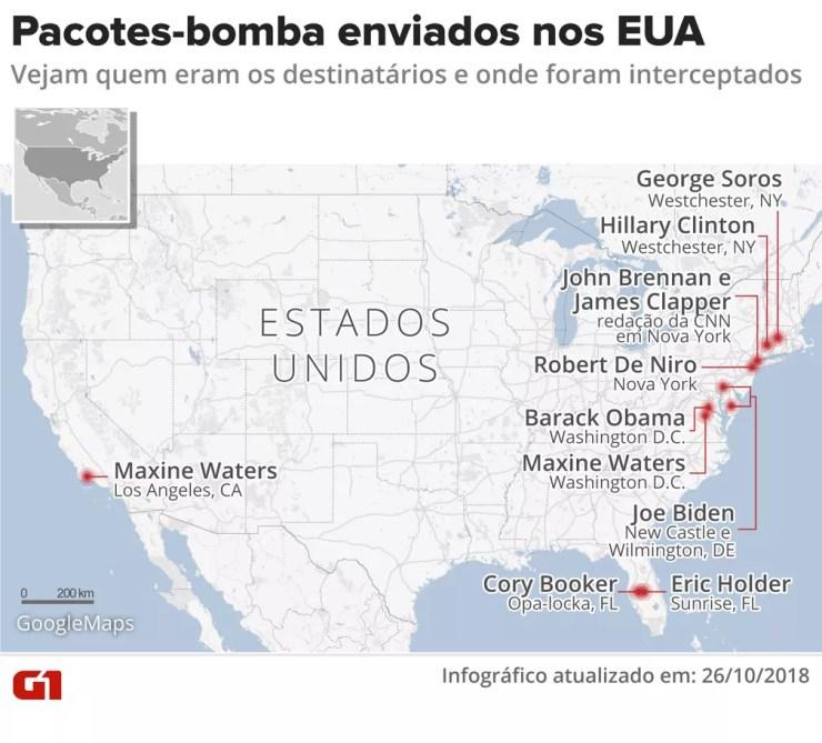 Pacotes-bomba enviados nos EUA  — Foto: Juliane Souza/G1