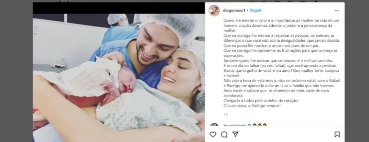 Sobrinho de Rodrigo Mussi posta foto do nascimento do filho e faz uma homenagem ao irmão  — Foto: Reprodução/Instagram 