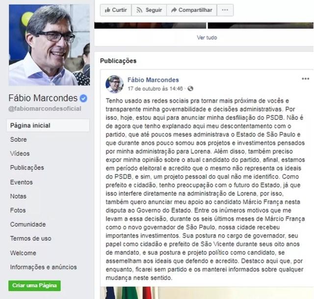 Fábio Macondes criticou o PSDB, partido que era filiado há sete anos — Foto: Reprodução/Facebook