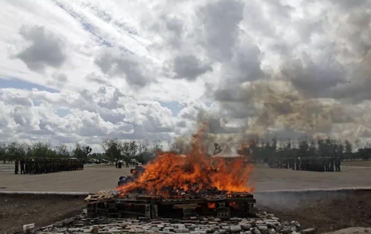 Soldados mexicanos em formação observam a incineração de pilhas de maconha e outras drogas nos arredores de Monterrey, em foto de 2016. — Foto: Daniel Becerril/Reuters