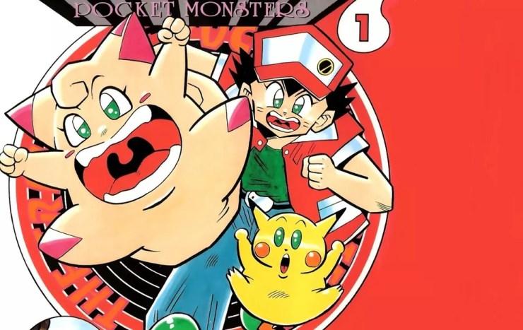 Clefairy estampa a capa da 1ª edição do mangá Pocket Monsters ao lado de Ash e Pikachu — Foto: Divulgação/Shogakukan