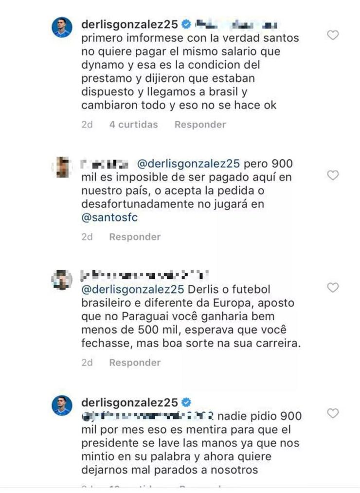 Derlis González respondeu torcedor do Santos ao ser cobrado no Instagram (Foto: Reprodução)