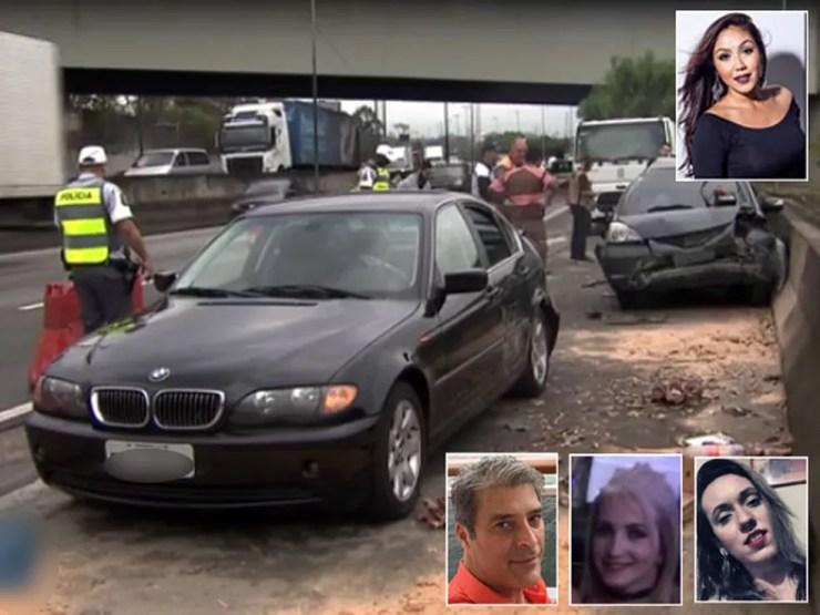 Motorista de Honda, Talita Tamashiro (no alto à direita), atropelou e matou Raul Antonio, Aline Sousa e Vanessa Relva, que estavam em BMW na Marginal Tietê (Foto: Reprodução/TV Globo/Arquivo Pessoal/Facebook)
