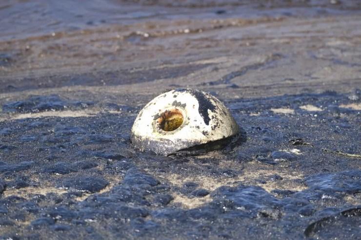 Praia coberta com manchas de óleo na Califórnia em foto de 3 de outubro de 2021 — Foto: Ringo H.W. Chiu/AP