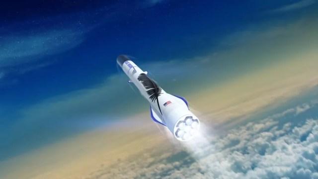 O New Glenn, na foto, é um dos foguetes desenvolvidos pela Blue Origin; a empresa é considerada a mais cautelosa na nova corrida espacial — Foto: Reuters