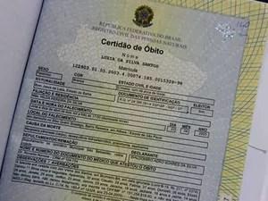 Certidão de óbito atesta que idosa morreu em São Paulo, em 2003 (Foto: Raimundo Mascarenhas/Calila Noticias)