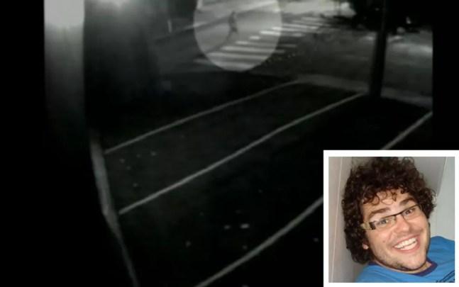 Câmera de segurança gravou o momento em que Vitor Gurman (no detalhe) passa pela faixa de pedestre da Rua Natingui — Foto: Reprodução/TV Globo/Arquivo pessoal