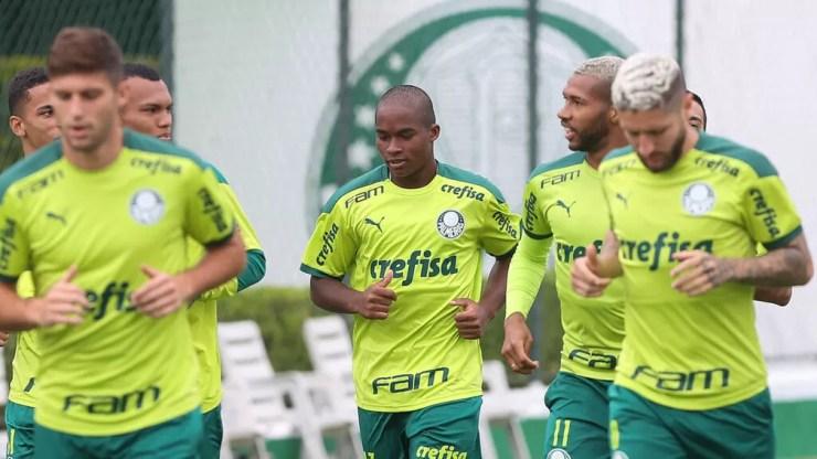 Endrick corre ao lado de jogadores do Palmeiras em treino na Academia de Futebol — Foto: César Greco/Agência Palmeiras