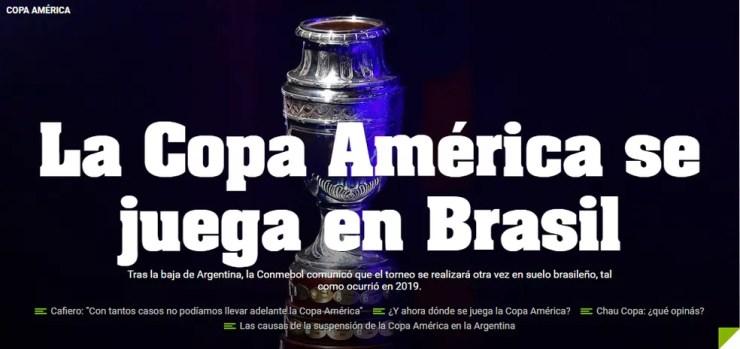 Diario Olé noticia a Copa América no Brasil — Foto: Reprodução